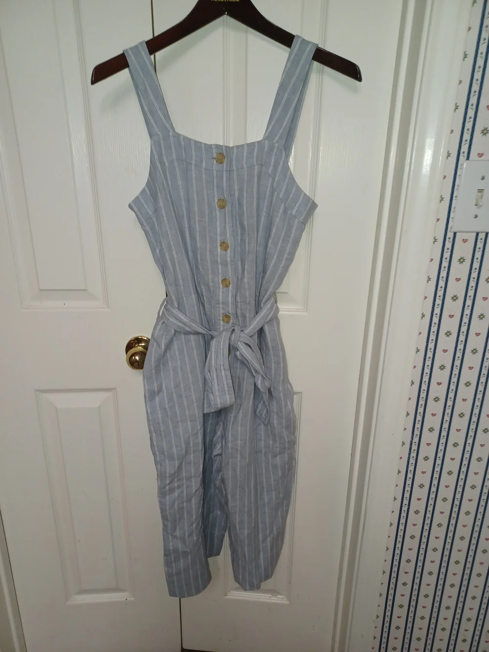 Everlane Striped Light Blue Linen-Blend Jumpsuit with Tie Waist